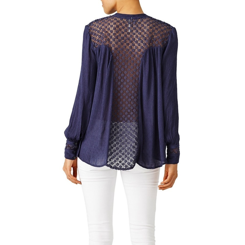 Free People Navy Crochet Lace Back Boho Dobby Button Down Blouse Top L